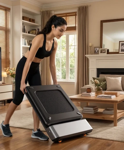 Movaped P1 treadmill folded and moved easily with built in wheels