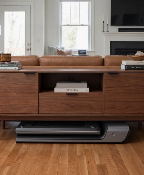 Movaped P1 treadmill stored under TV cabinet for compact home storage