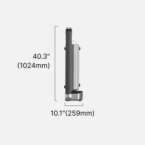 Folded thickness dimensions of the Movaped X25 treadmill for compact storage
